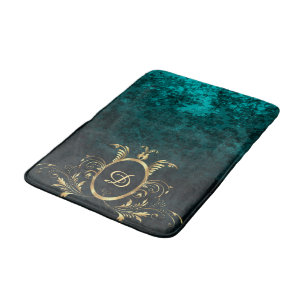 Turquoise Damask gold Frame Personalized Bath Mat