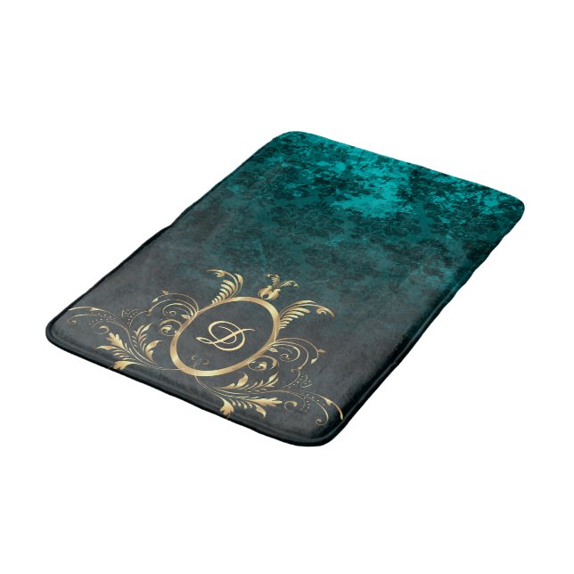 Turquoise Damask gold Frame Personalized Bath Mat (Angled)