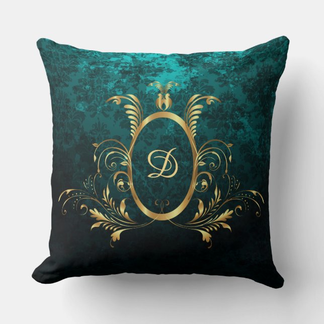 Turquoise Damask gold Frame Personalized Throw Pillow (Front)