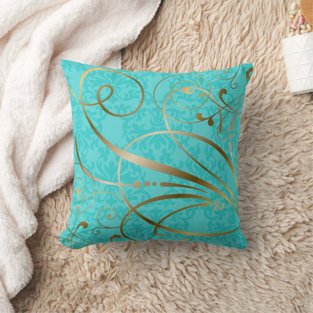 Turquoise Damask Gold Swirls Flourishes Throw Pillow (Blanket)