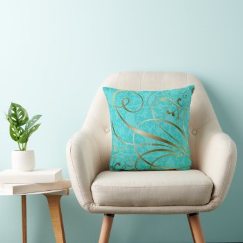 Turquoise Damask Gold Swirls Flourishes Throw Pillow by SocialiteDesigns at Zazzle