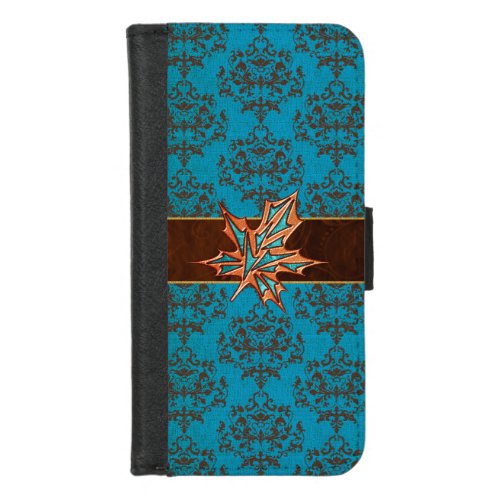 Turquoise Damask Leaf iPhone 8 Wallet Case