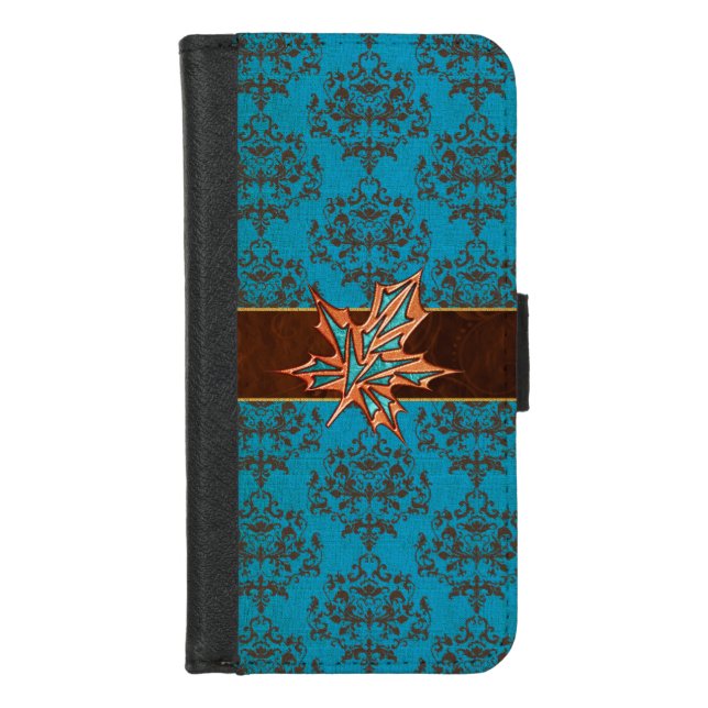 Turquoise Damask Leaf iPhone 8 Wallet Case (Front)