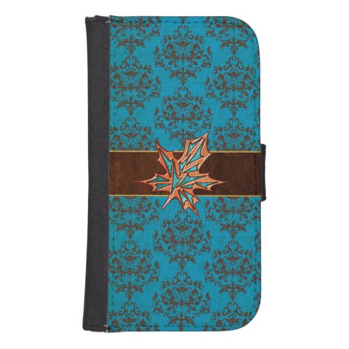 Turquoise Damask Leaf Samsung S4 Wallet Case