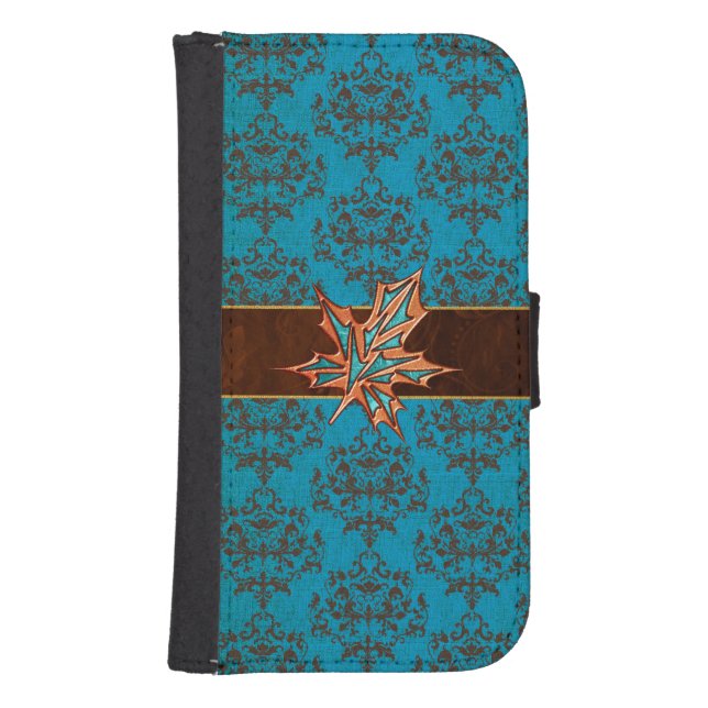 Turquoise Damask Leaf Samsung S4 Wallet Case (Front)