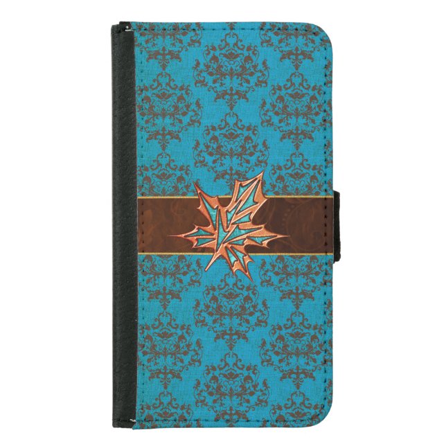Turquoise Damask Leaf Samsung S5 Wallet Case (Front)