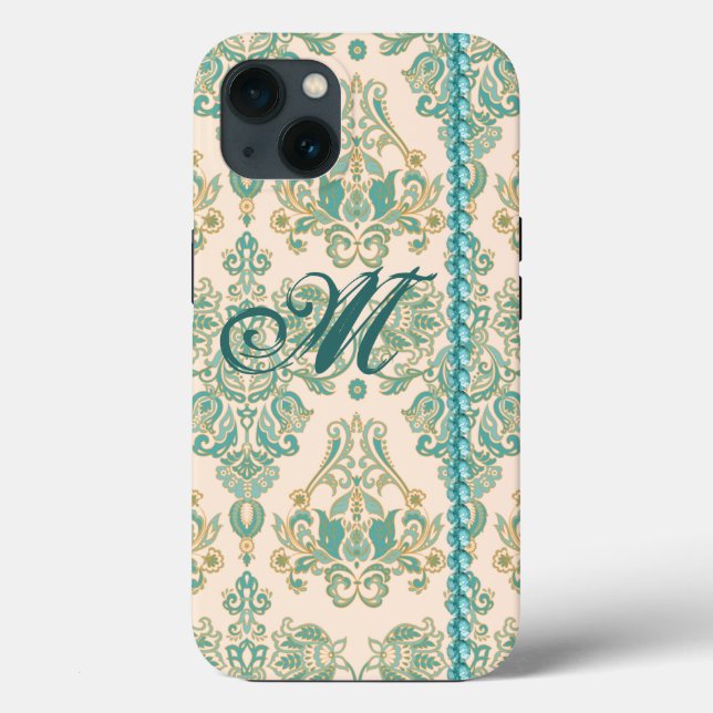 Turquoise Damask Monogram, Faux Pearls iPhone 13   Case-Mate iPhone Case (Back)