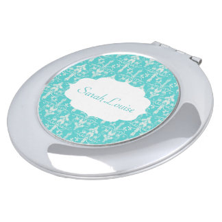 Turquoise Damask Pattern Compact Mirror