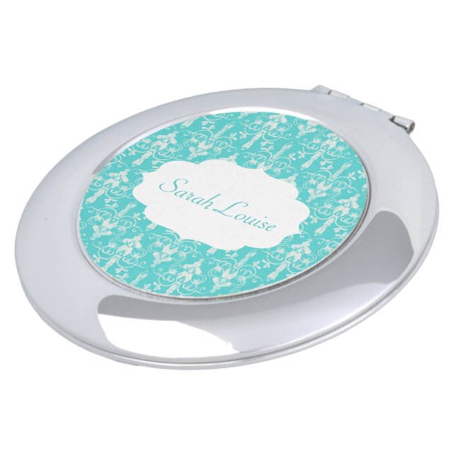 Turquoise Damask Pattern Compact Mirror (Turned)