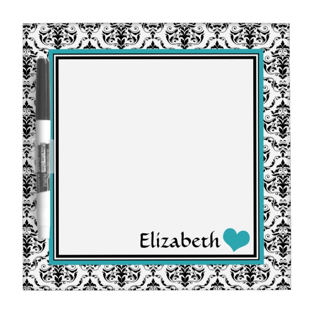 Turquoise Damask Personalized 8" Dry-Erase Board (Front)