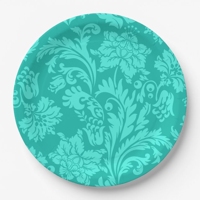Turquoise damask print paper plates (Front)