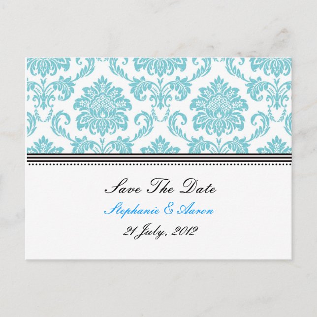 Turquoise Damask Save The Date Postcard (Front)