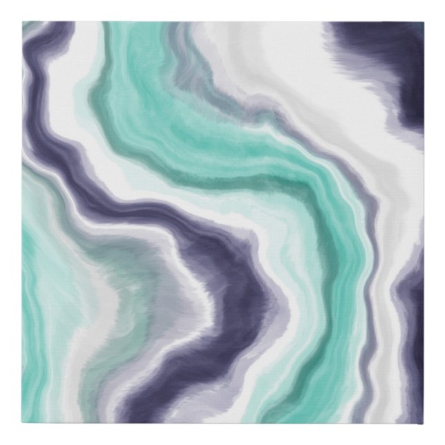 Turquoise, Dark Blue and White Marble Agate Swirls Faux Canvas Print (Front)