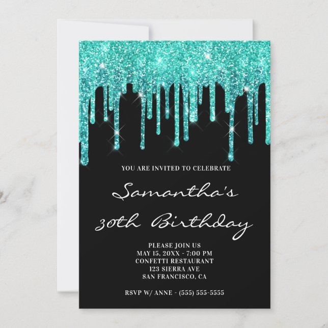 Turquoise Dark Cyan Glitter Drips Black Birthday Invitation (Front)