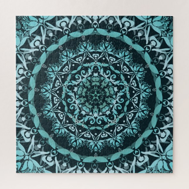 Turquoise Dark Green Damask Mandala Jigsaw Puzzle (Vertical)
