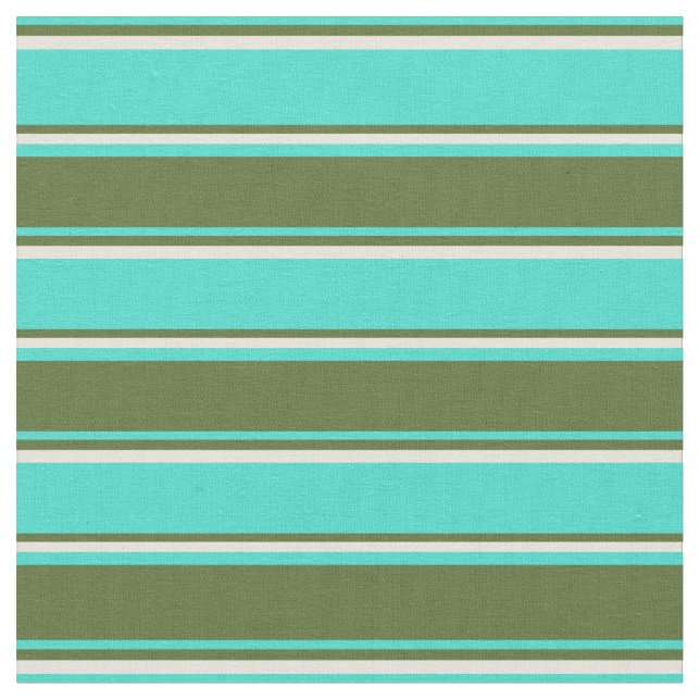 Turquoise, Dark Olive Green, and Beige Stripes Fabric (Close Up)