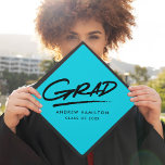 Turquoise | Dashed Grad Graduation Cap Topper<br><div class="desc">Personalized graduation cap topper featuring "Grad" in black hand-lettering with a dashed underline with a turquoise background or color of your choice. Personalize the custom graduation cap topper by adding the graduate's name and graduation year.</div>