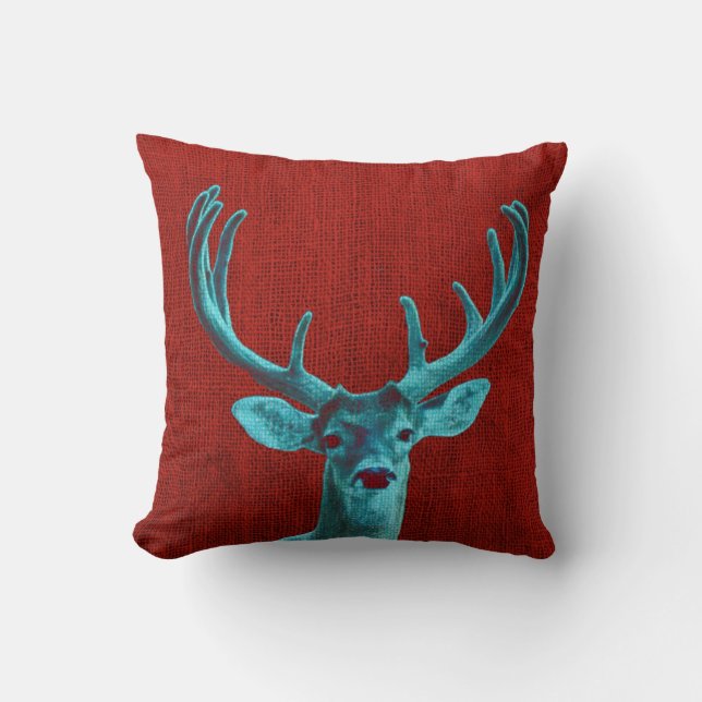Turquoise Deer and Rustic Red Throw Pillow (Front)