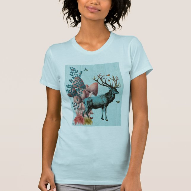 Turquoise Deer in Mushroom Forest 2 T-Shirt (Front)