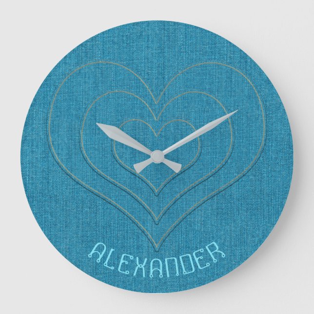 Turquoise Denim Jeans 3 Hearts, Name Personalized Large Clock (Front)