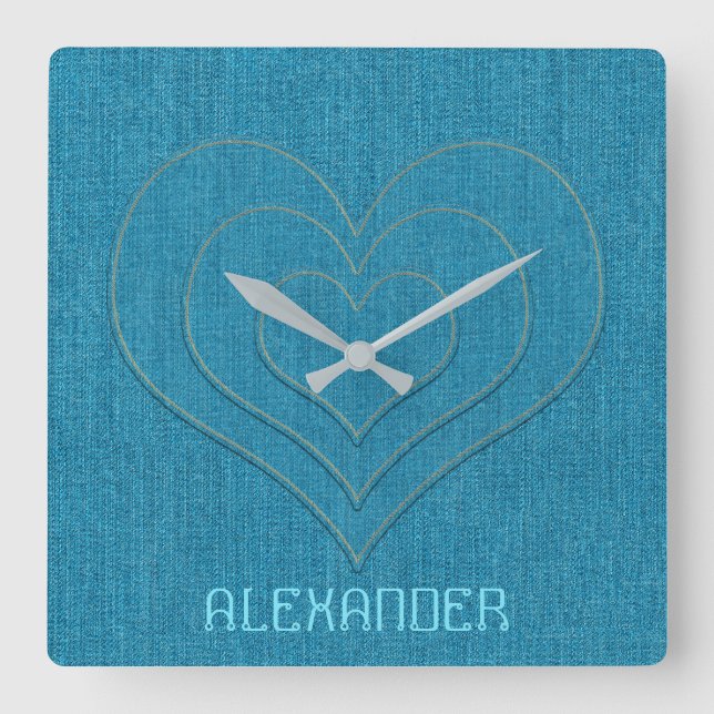 Turquoise Denim Jeans 3 Hearts, Personalized Name Square Wall Clock (Front)