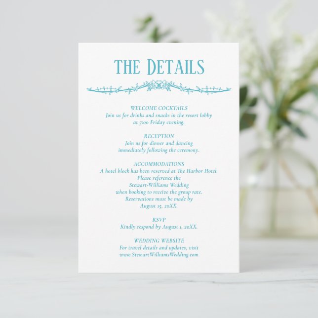 Turquoise Details Reception Information Wedding  Enclosure Card (Standing Front)