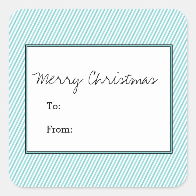 Turquoise Diagonal Festive Stripes Holiday Square Sticker (Front)