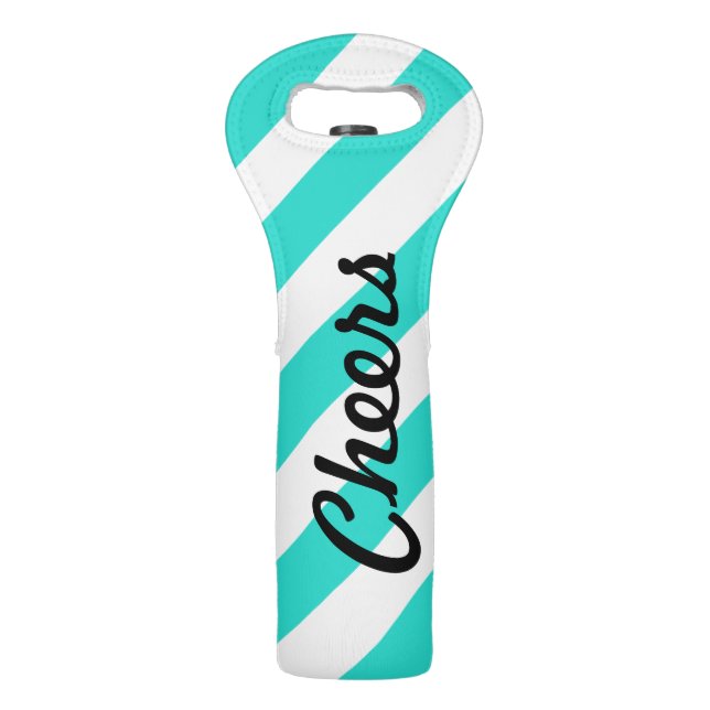 Turquoise Diagonal Stripes Cheers Wine Bag (Front)