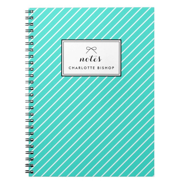 Turquoise Diagonal Stripes Pattern Personalized Notebook (Front)