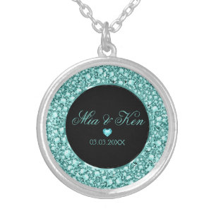 Turquoise Diamonds And Heart - Save the date Silver Plated Necklace