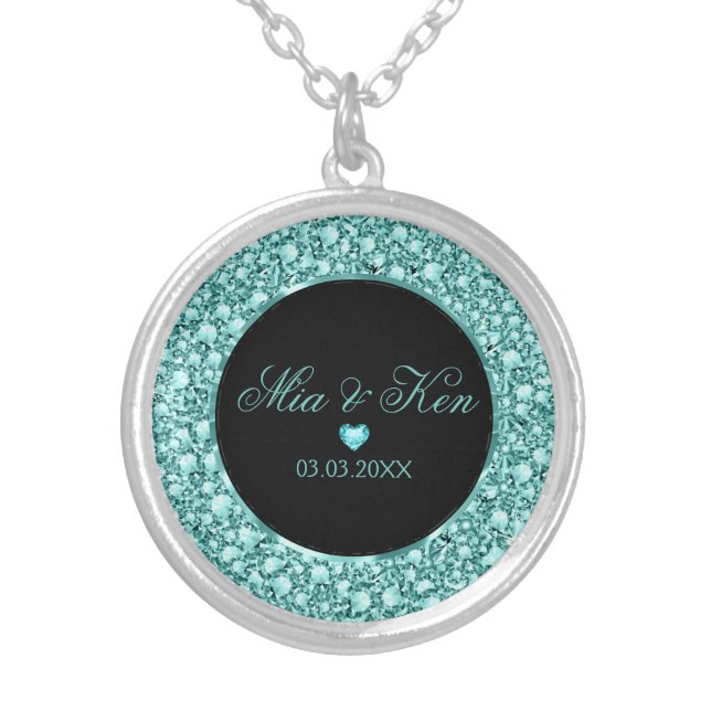 Turquoise Diamonds And Heart - Save the date Silver Plated Necklace (Front)