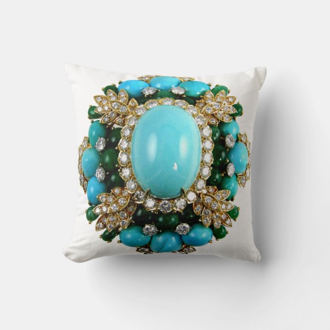 Turquoise Diamonds Brooch Sofa Bling Jewelry Throw Pillow (Front)