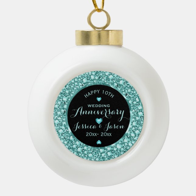 Turquoise Diamonds Glitter 10th Anniversary Ceramic Ball Christmas Ornament (Front)