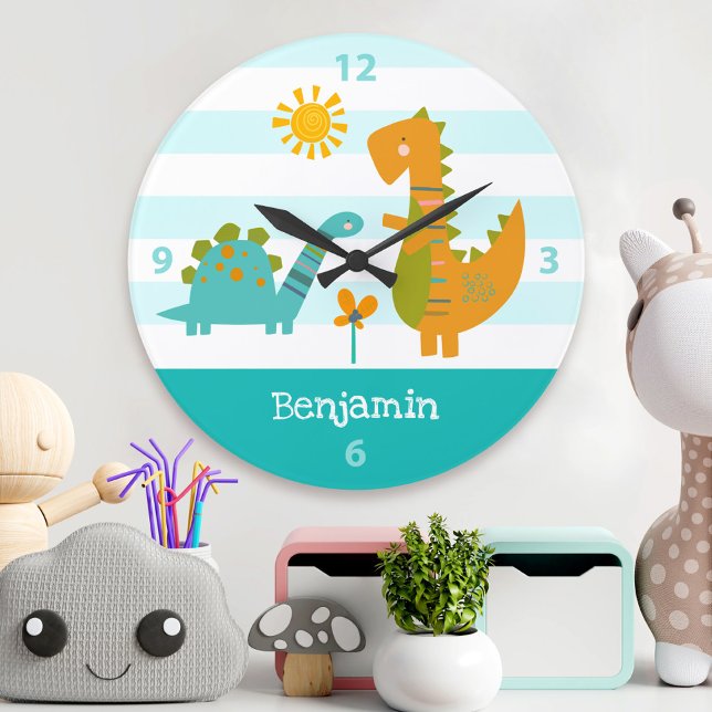 Turquoise Dinosaur Boy Name Nursery Kawaii Cute Large Clock (Creator Uploaded)