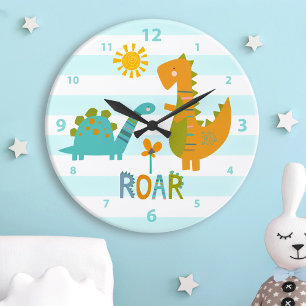 Turquoise Dinosaur Boy Nursery Roar Kawaii Cute Large Clock
