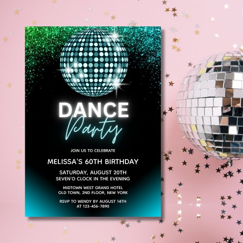 Turquoise Disco Ball Glitter Dance Party Birthday Invitation