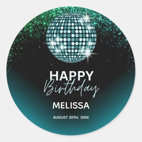 Turquoise Disco Glitter Dance Happy Birthday  Classic Round Sticker