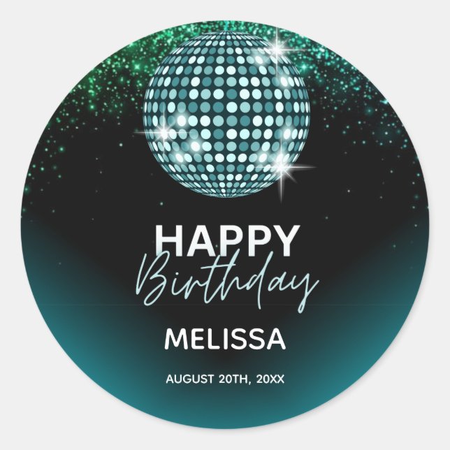 Turquoise Disco Glitter Dance Happy Birthday  Classic Round Sticker (Front)