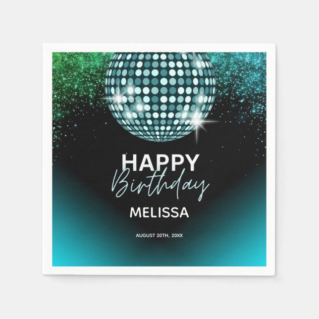 Turquoise Disco Glitter Dance Party Birthday  Napkins (Front)