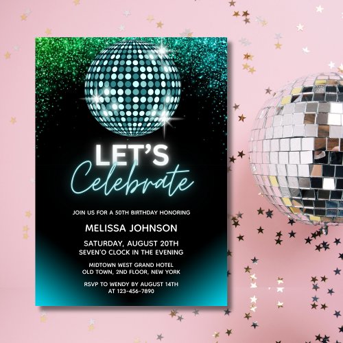 Turquoise Disco Glitter Lets Celebrate Birthday Invitation