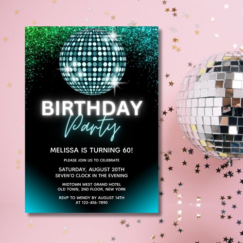 Turquoise Disco Night Glitter Birthday Party Invitation