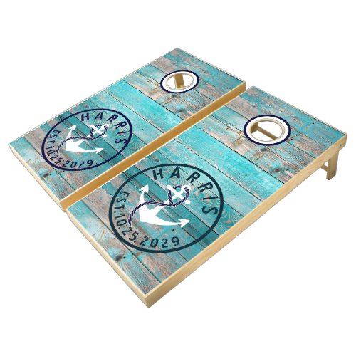 Turquoise Distressed Wood Anchor Personalized Cornhole Set