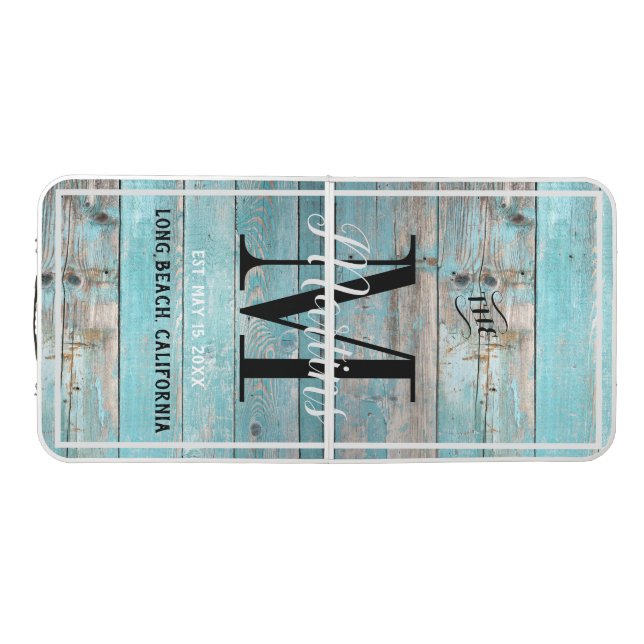 Turquoise Distressed Wood Wedding Family Monogram Beer Pong Table (Top)