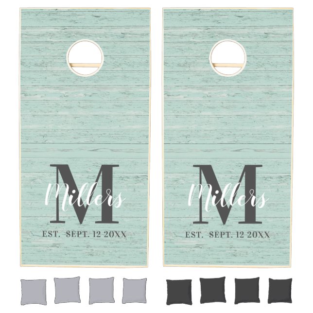 Turquoise Distressed Wood Wedding Family Monogram Cornhole Set (Set)