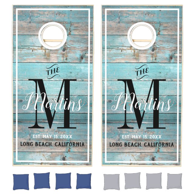 Turquoise Distressed Wood Wedding Family Monogram Cornhole Set (Set)