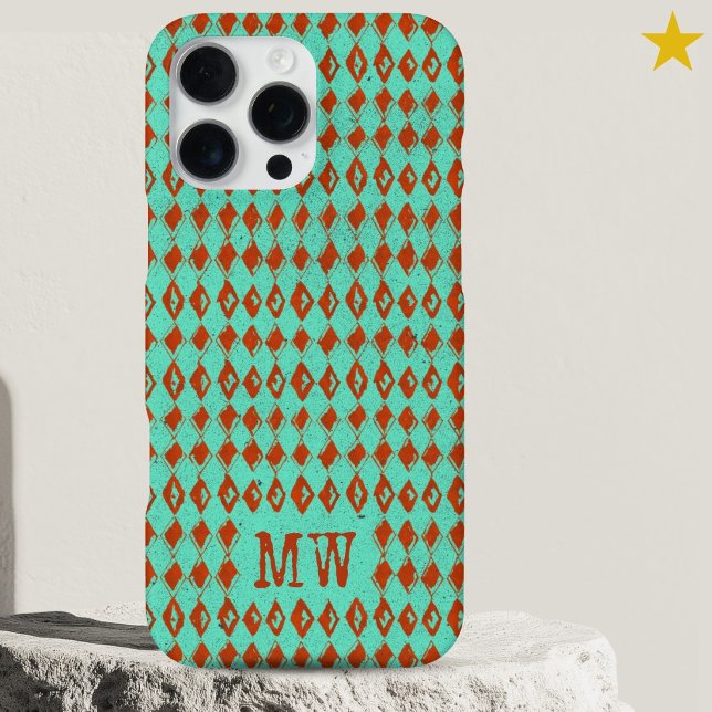 Turquoise Doodle Diamond Pattern Custom Monogram iPhone Case (Creator Uploaded)