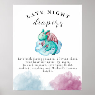 Turquoise Dragon Baby Shower Late Night Diapers Poster