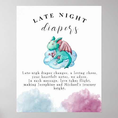 Turquoise Dragon Baby Shower Late Night Diapers  Poster