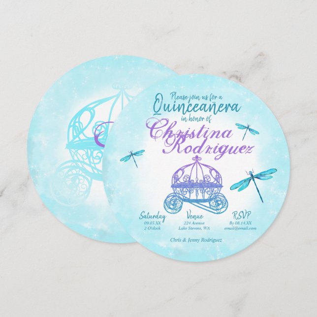 Turquoise Dragonflies, Purple Quinceañera Invitation (Front/Back)