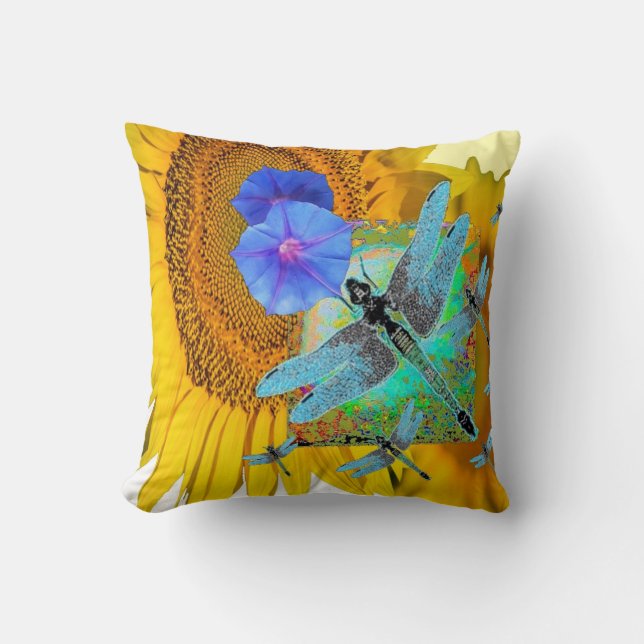 TURQUOISE DRAGONFLIES SUNFLOWER PATTERN ART THROW PILLOW (Front)